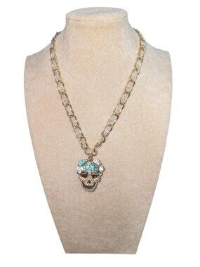 Betsey Johnson Gold-Tone Crystal Flower Sugar Skull Necklace 16" Chain Extender